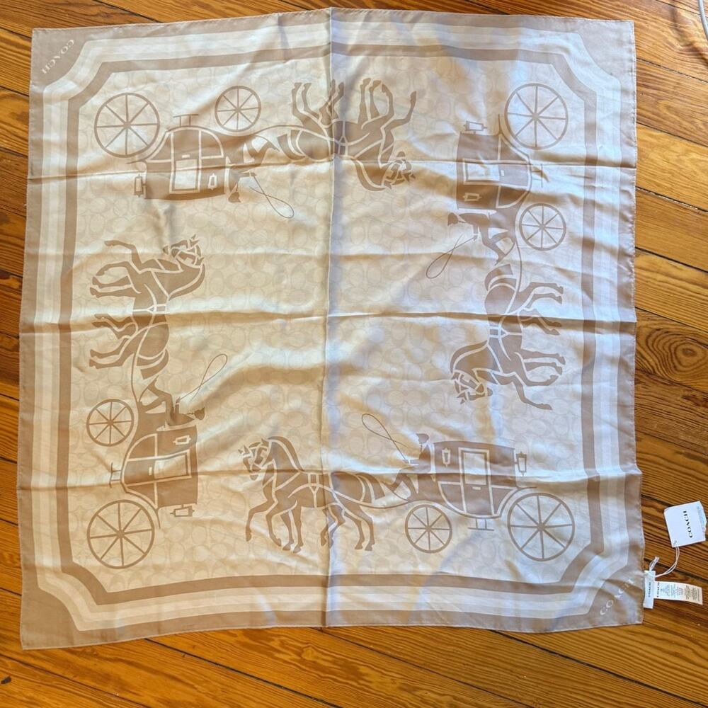 NWT Coach 100% Silk Horse Carriage Scarf, Beige Taupe Square